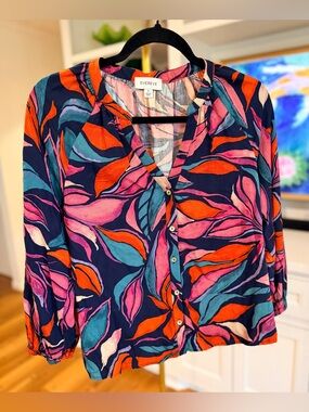 Evereve Navy Button-Front Blouse with Pink, Teal & Orange Leaf Print